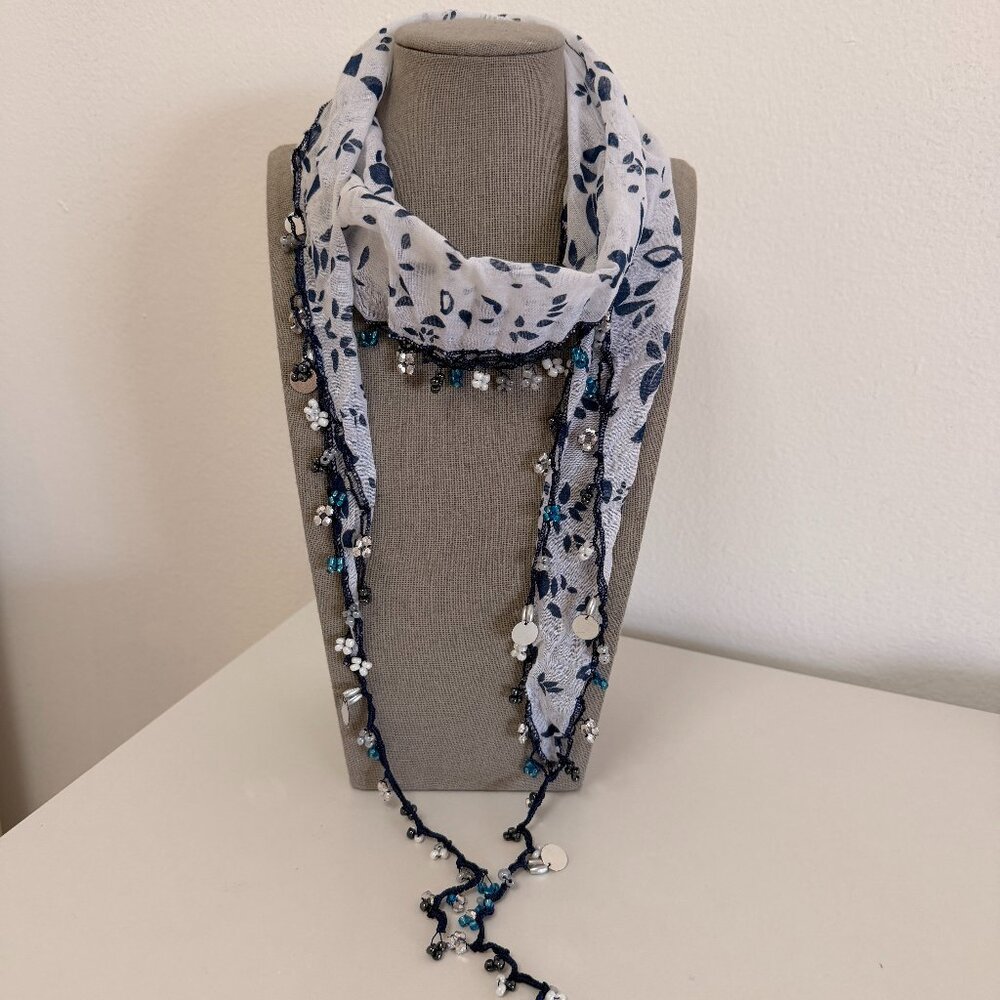 Traditional Turkish Oya Neck Scarf Bead, Needle Lace on Lawn Cotton White & Navy